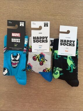 Happy Socks Kids Crew Socks - Blue Teal, Beige, Black with Multicolor Prints